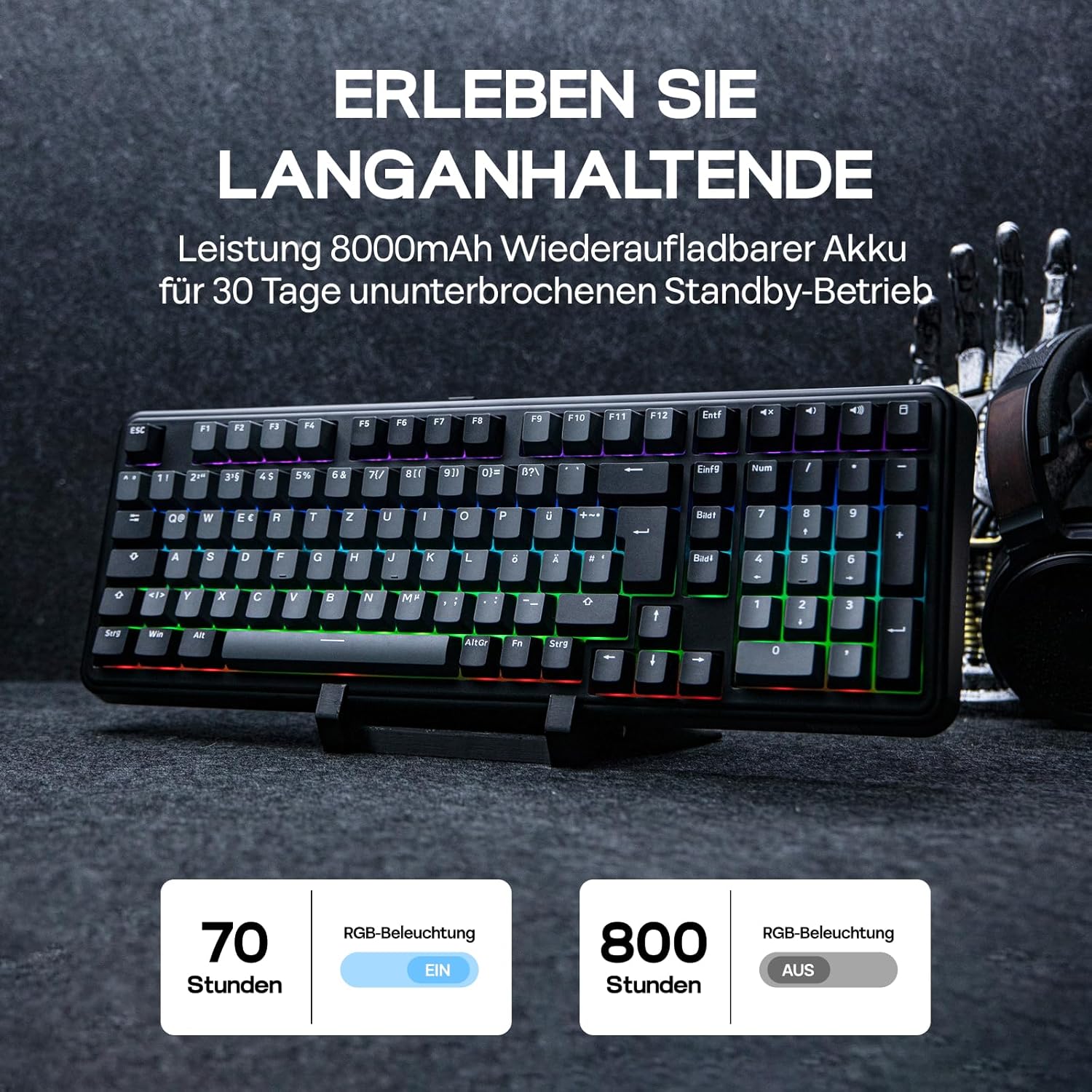 Gaming Tastatur & Maus - EPOMAKER TH99-ISO-DE QWERTZ Mechanical Keyboard Wireless, 96% Percent Gaming Keyboard with Numpad, Hot-Swap, RGB, Gasket, BT/2.4G/USB-C, Programming Software (Black, Sea Salt Silent V2) – Bild 4