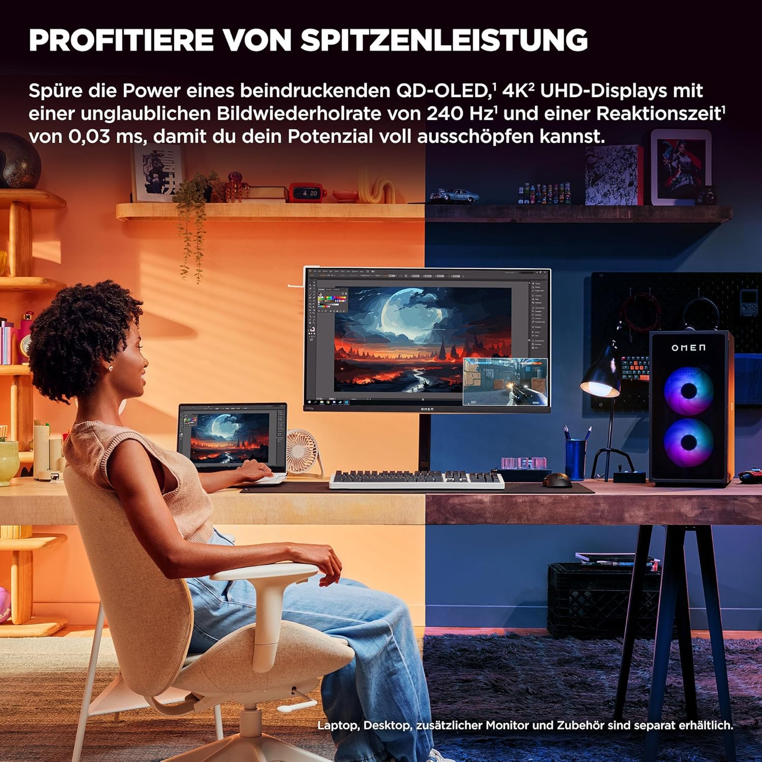 Gaming PC & Gaming Monitors - HP Omen Transcend Gaming Monitor with 240 Hz, 31.5 Inch 4K UHD OLED, 0.03 ms Response Time, HyperX Audio, aRGB Lighting, Adjustable Base, Omen Tempest Cooling, OSD Button, USB-C, White – Bild 10