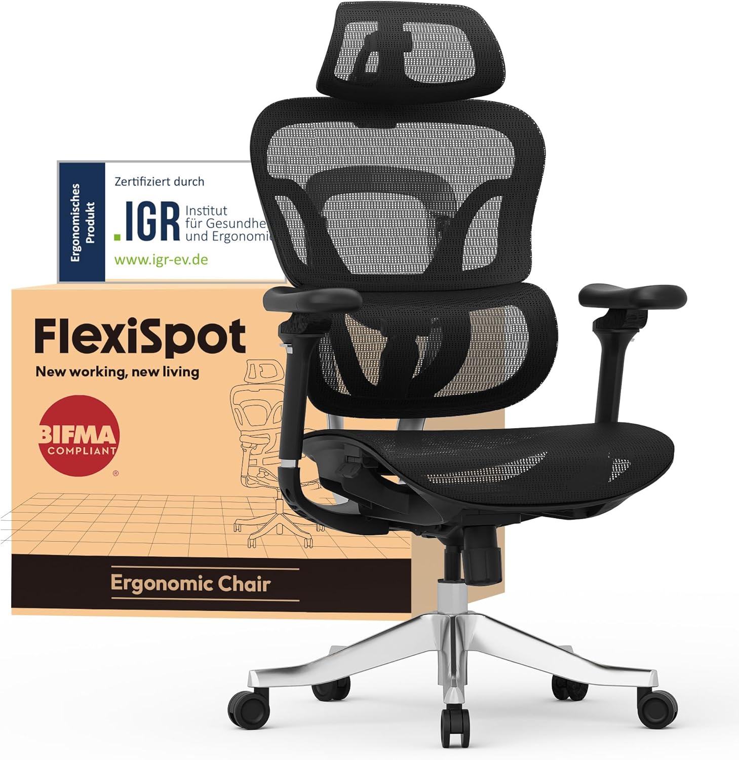 Gaming Chairs - FLEXISPOT ErgoX Max Ergonomic Chair, Up to 300 kg Load Capacity, with 4D Headrest and 5D Armrests, One-Piece Back and Lumbar Support, Office Chair for Work and Gaming, Black
