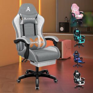 Gaming Chairs – ALFORDSON Office Chair, Gaming Chair, Massage Gaming Chair, Ergonomic Gamer Chair with Footrest, Headrest, Massage Lumbar Cushion, Padded, Swivel Chair Made of Linen Fabric, Grey