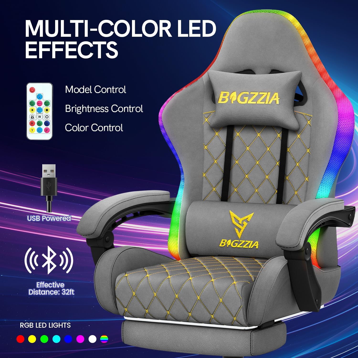 Gaming Chairs - bigzzia Gaming Chair with RGB LED, Ergonomic Gaming Chair with Lumbar Support and Footrest, Adjustable and Rotating Gamer Chair Made of PU Leather, 150 kg, Grey – Bild 4