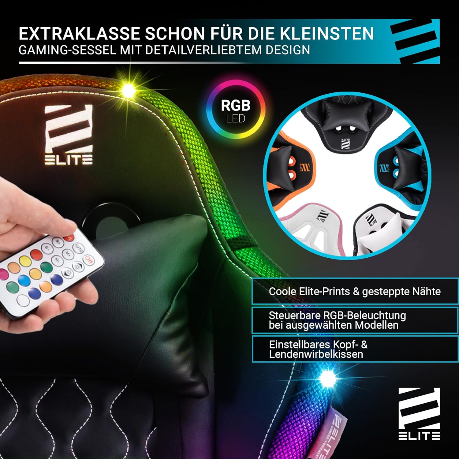 Gaming Chairs - ELITE LED Gaming Chair Pulse for Children, Ergonomic Office Chair, Desk Chair, Executive Chair, Armchair, Racing Gaming Chair, Gaming Chair, Swivel Chair, Faux Leather (Black/White RGB) – Bild 9