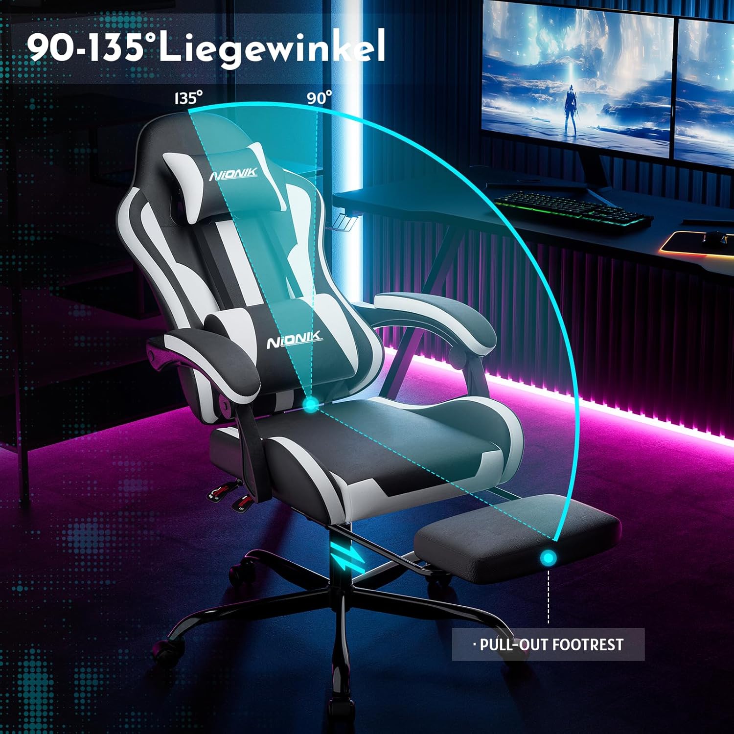 Gaming Chairs - Office Chair, Gaming Chair, Computer Chair with Footrest, Padded Gaming Chair, Gaming Chair for Adults, Swivel Chair, Black and White – Bild 3