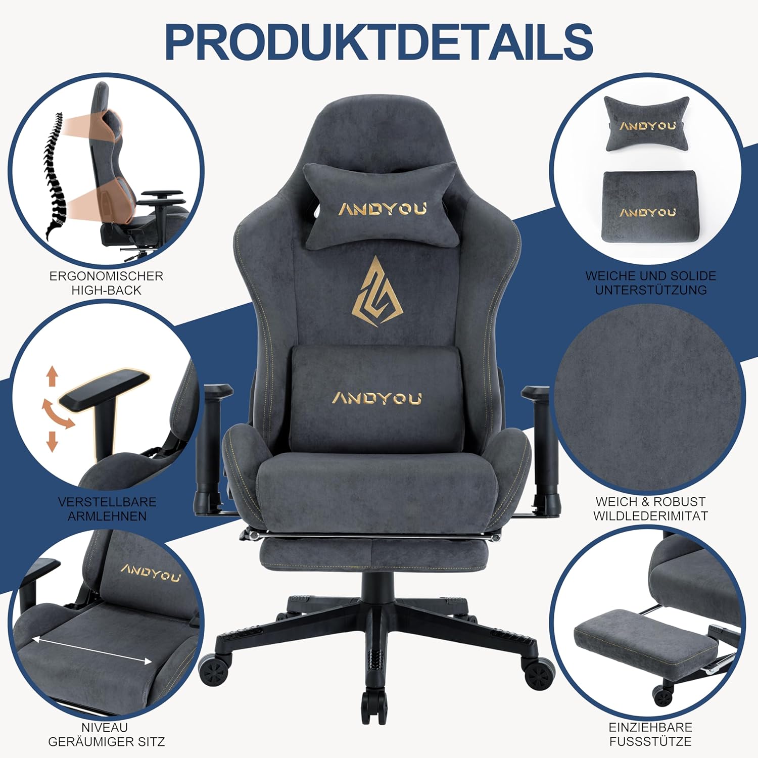 Gaming Chairs - Andyou Gaming Chair, Luxury Faux Suede Gaming Chair, Ergonomic Office Chair, Breathable Desk Chair, PC Chair with Footrest, Pillow and Armrests, 200 kg, Grey – Bild 6