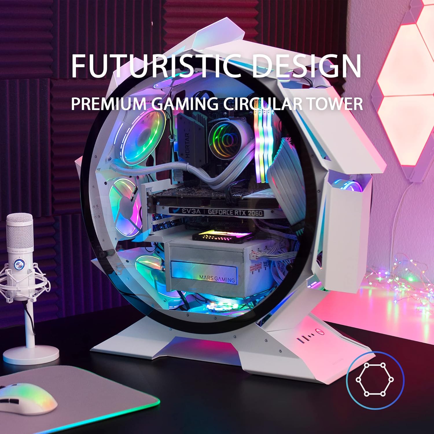 Gaming PC & Laptops - Mars Gaming MCORB microATX XL Gaming PC Case, White, Custom Round Design, Tempered Double Glass, MCORBW – Bild 2