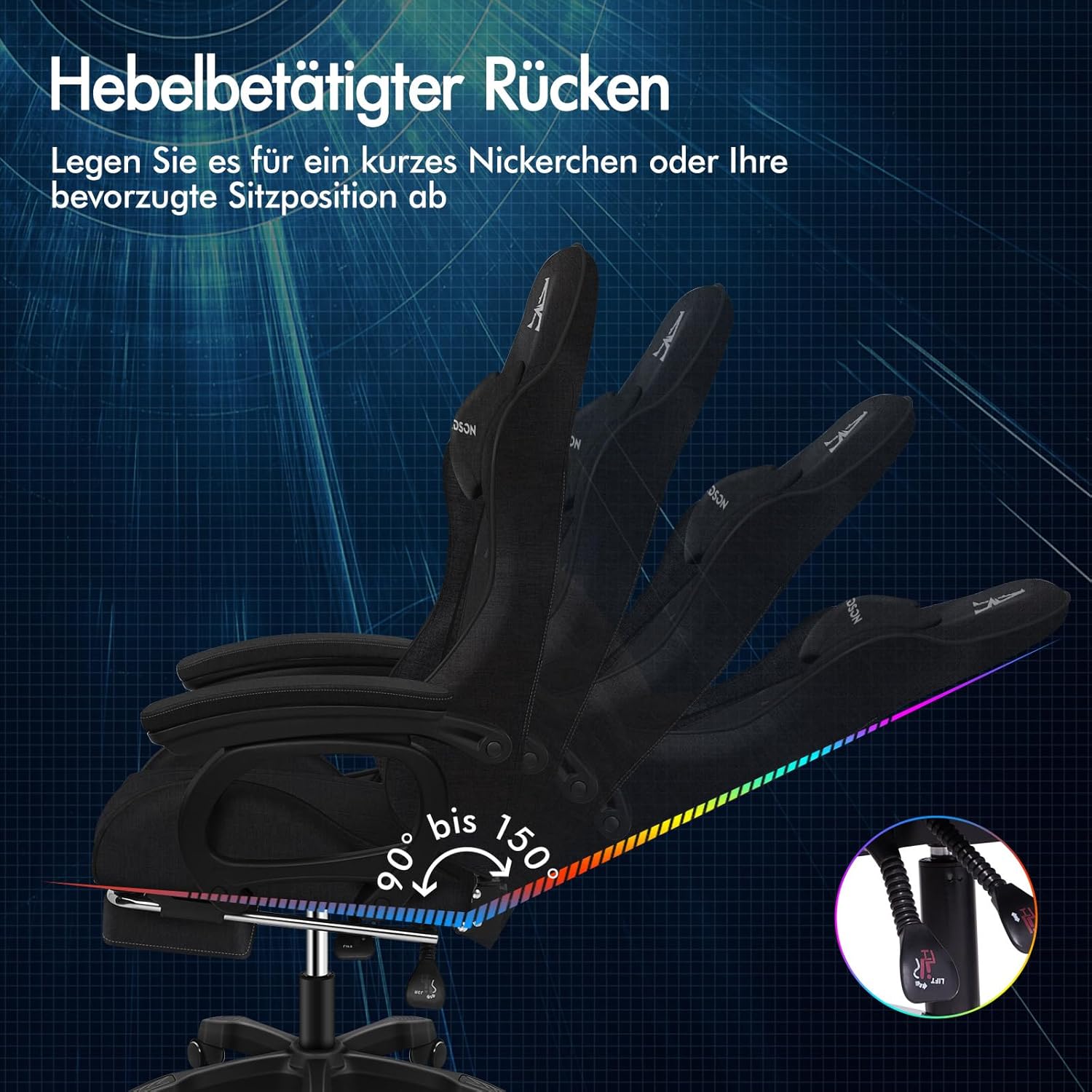 Gaming Chairs - ALFORDSON Massage Gamer Chair, Computer Office Chair with Footrest, 2-Point Massage Chair, 180 kg Load Capacity, 90-150° Backrest Adjustable, Ergonomic PC Chair, 360° Rotatable, Linen Fabric, Black – Bild 6