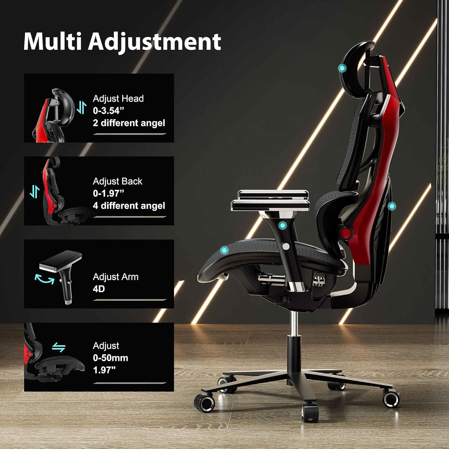Gaming Chairs - EUREKA ERGONOMIC Typhon Gaming Chair, Ergonomic Office Chair with Adjustable Lumbar Support & Headrest, PC Chair with 4D Armrests & Height Adjustment, 125 kg Load Capacity, Black & Red – Bild 6