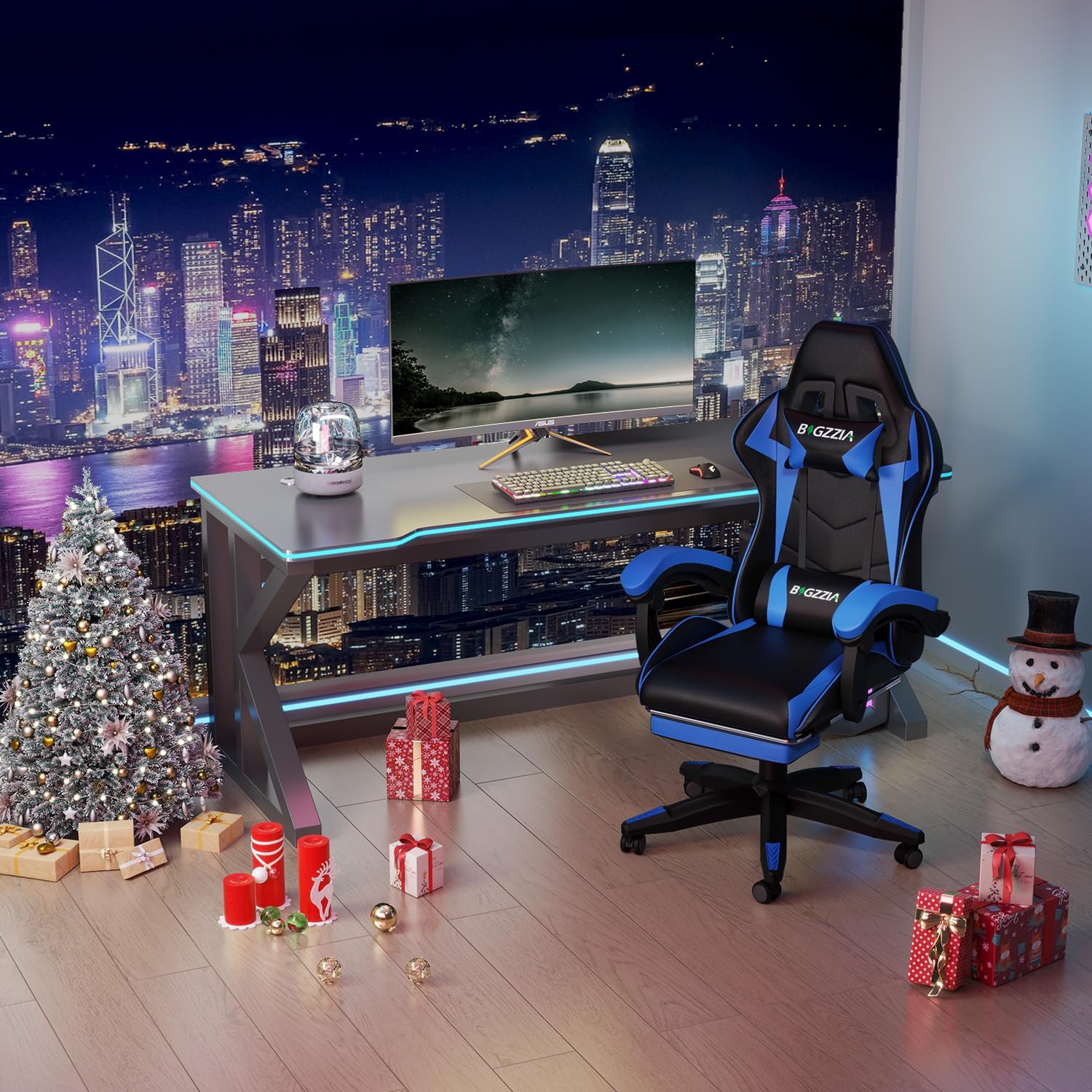 Gaming Chairs - bigzzia Gaming Chair Footrest, Gamer Chairs Ergonomic with Lumbar Cushion + Headrest, Height-Adjustable Office and Computer Chair for Adults, Girls, Boys (Blue) – Bild 2