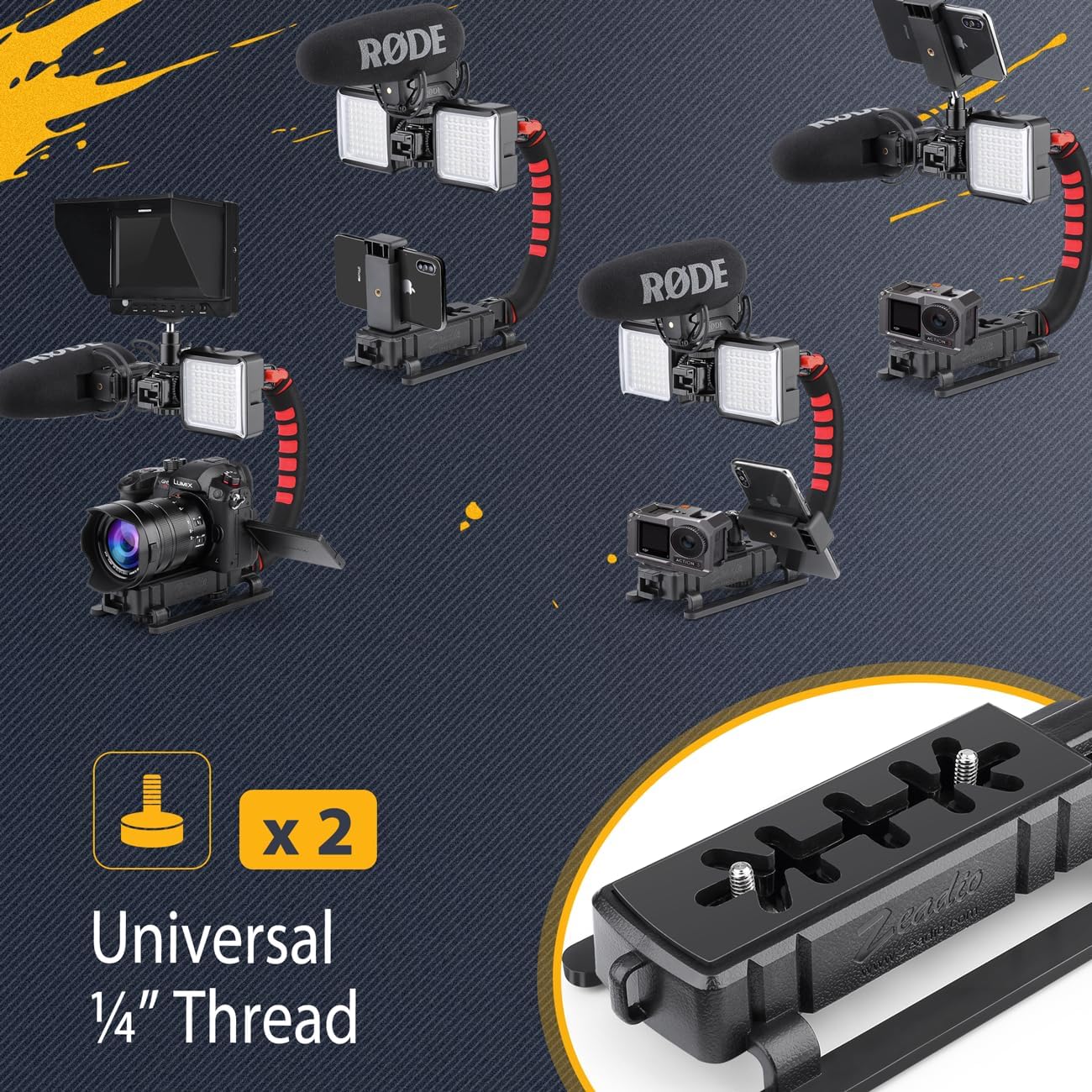 Streaming-Equipment - Zeadio Triple Hot-Shoe Mounts Video Action Stabilizing Handle Grip Handheld Stabilizer with Hot-Shoe Mount for Canon Nikon Sony Panasonic Pentax Olympus DSLR Camera Camcorder – Bild 5