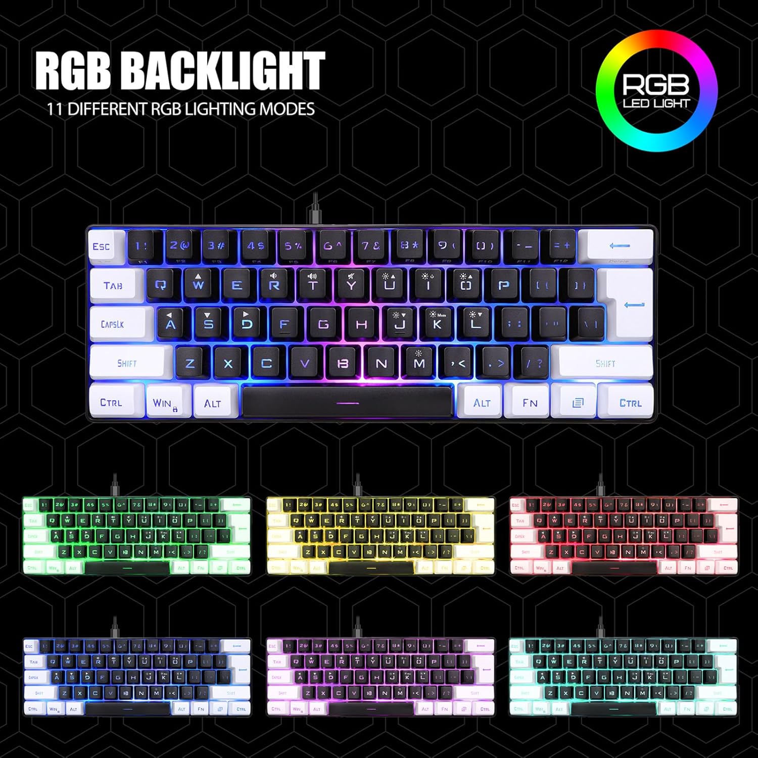 Gaming Tastatur & Maus - 60% Wired Gaming Keyboard, Mi NI Gaming Keyboard with Mechanical Feel, Ultra Compact Keyboard with RGB Backlight and 61 Keys, Ergonomic Keyboard for – Bild 5