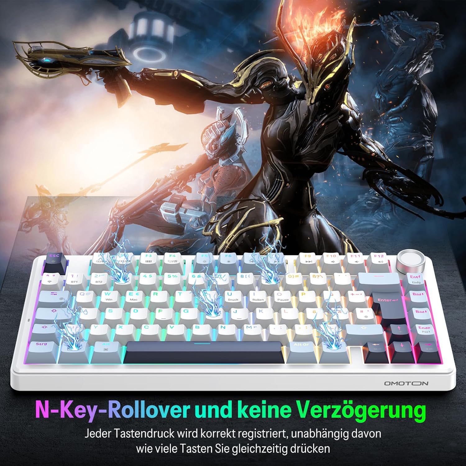 Gaming Tastatur & Maus - OMOTON Mechanical Keyboard Gaming Gasket QWERTZ ISO-DE Layout, Hot-Swap Wireless Gamer Keyboard 75% RGB with Five Layer Attenuation & Button, Bluetooth/2.4G/USB-C, Creamy Linear Switch, MK211 – Bild 7