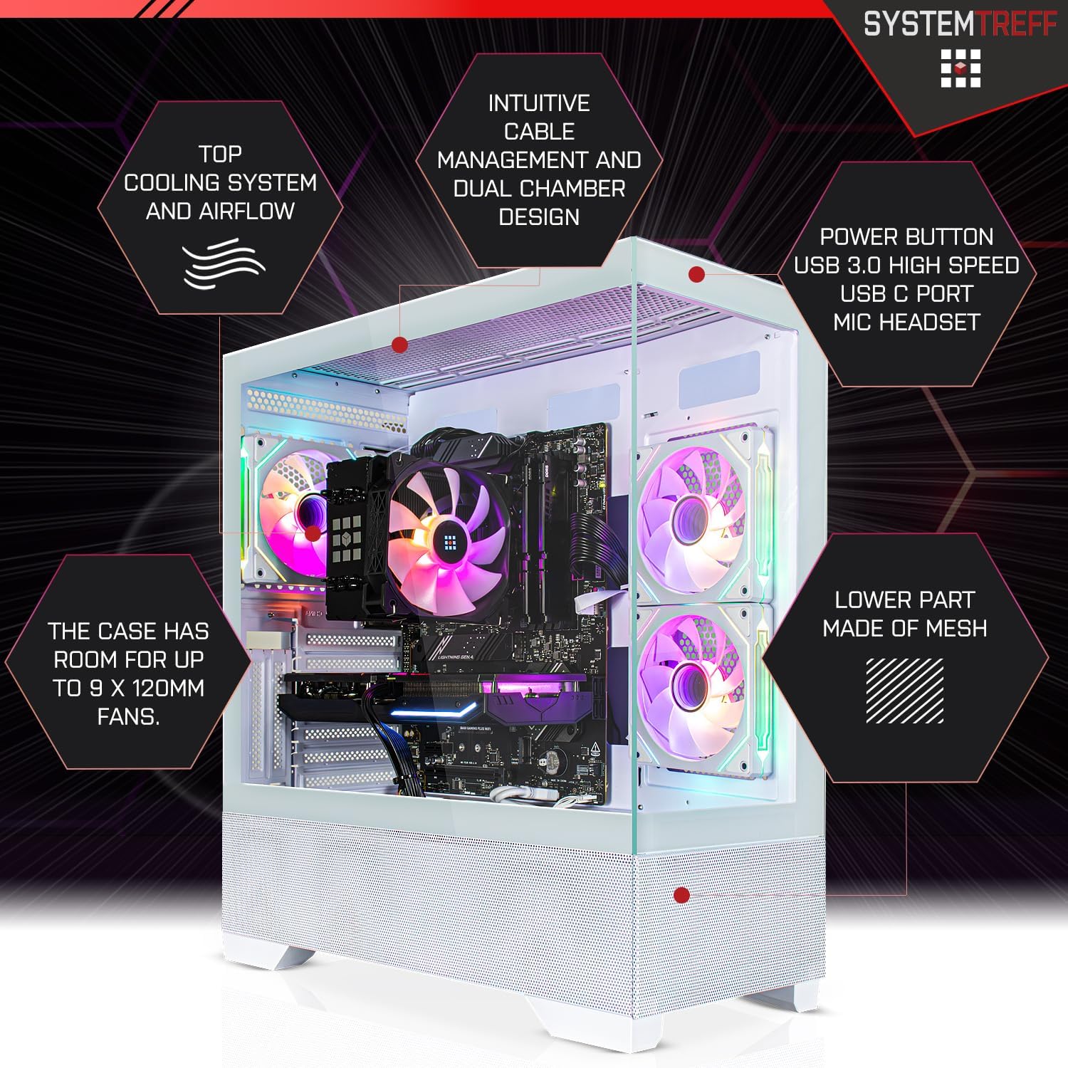 Gaming PC & Laptops - SYSTEMTREFF High-End Gaming PC White Intel Core i7-12700KF 12x5GHz | Nvidia RTX 4070 12GB DX12 | 1TB M.2 NVMe | 32GB DDR5 RAM | WLAN Desktop Computer Calculator for Gamers, Gamers & Streamers – Bild 3