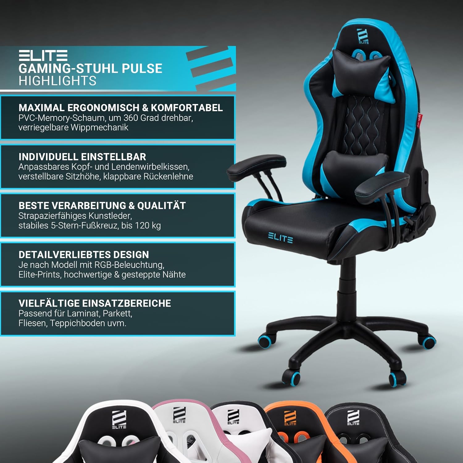 Gaming Chairs - ELITE LED Gaming Chair Pulse for Children, Ergonomic Office Chair, Desk Chair, Executive Chair, Armchair, Racing Gaming Chair, Gaming Chair, Swivel Chair, Faux Leather (Black/White RGB) – Bild 4