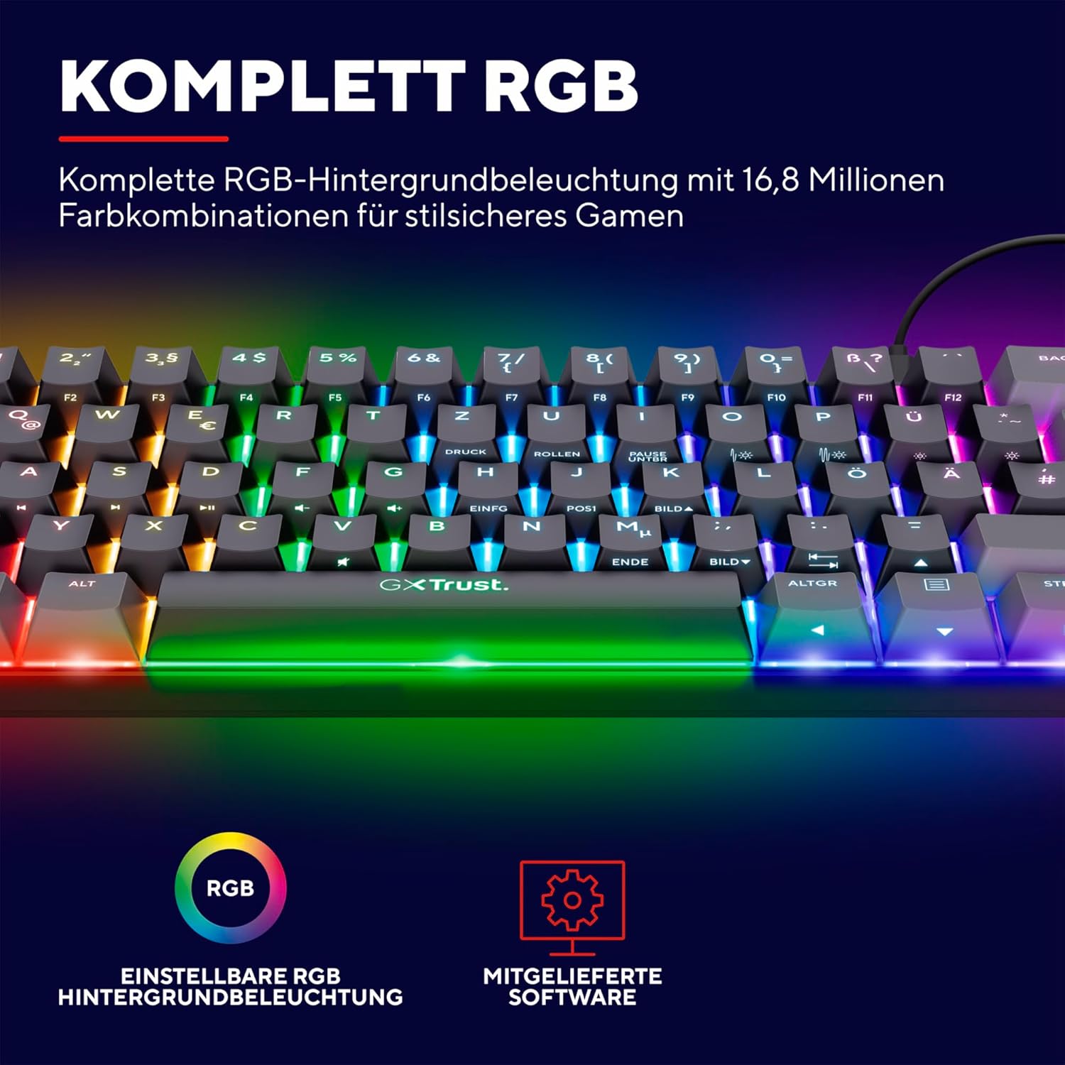 Gaming Tastatur & Maus - Trust Gaming GXT 867 Acira 60% Mechanische Tastatur Deutsches QWERTZ Layout, RGB Beleuchtung, Doppelt Belegte Tasten, USB Mini Tragbare Programmierbare Kleine Gaming Tastatur 60 Prozent PC Laptop – Bild 6