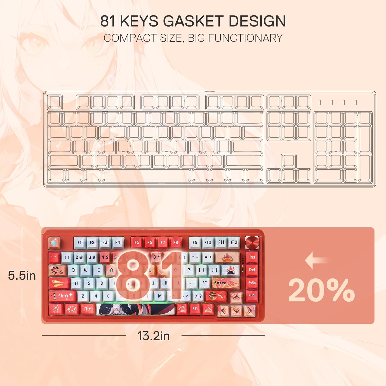 Gaming Tastatur & Maus - Redragon K673 PRO SE 75% 81 Keys Wireless Gasket RGB Gaming Keyboard, 3 Mode Anime Mechanical Keyboard with Hot Swap Base, 5-Layer Noise Reduction, Custom Hi-Fi Linear Switch – Bild 8