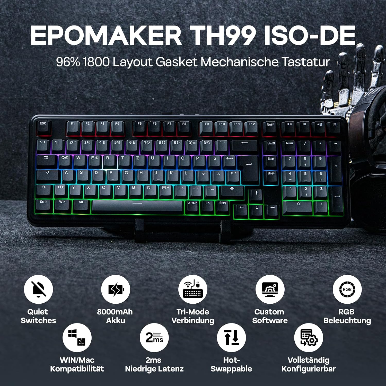 Gaming Tastatur & Maus - EPOMAKER TH99-ISO-DE QWERTZ Mechanical Keyboard Wireless, 96% Percent Gaming Keyboard with Numpad, Hot-Swap, RGB, Gasket, BT/2.4G/USB-C, Programming Software (Black, Sea Salt Silent V2) – Bild 8