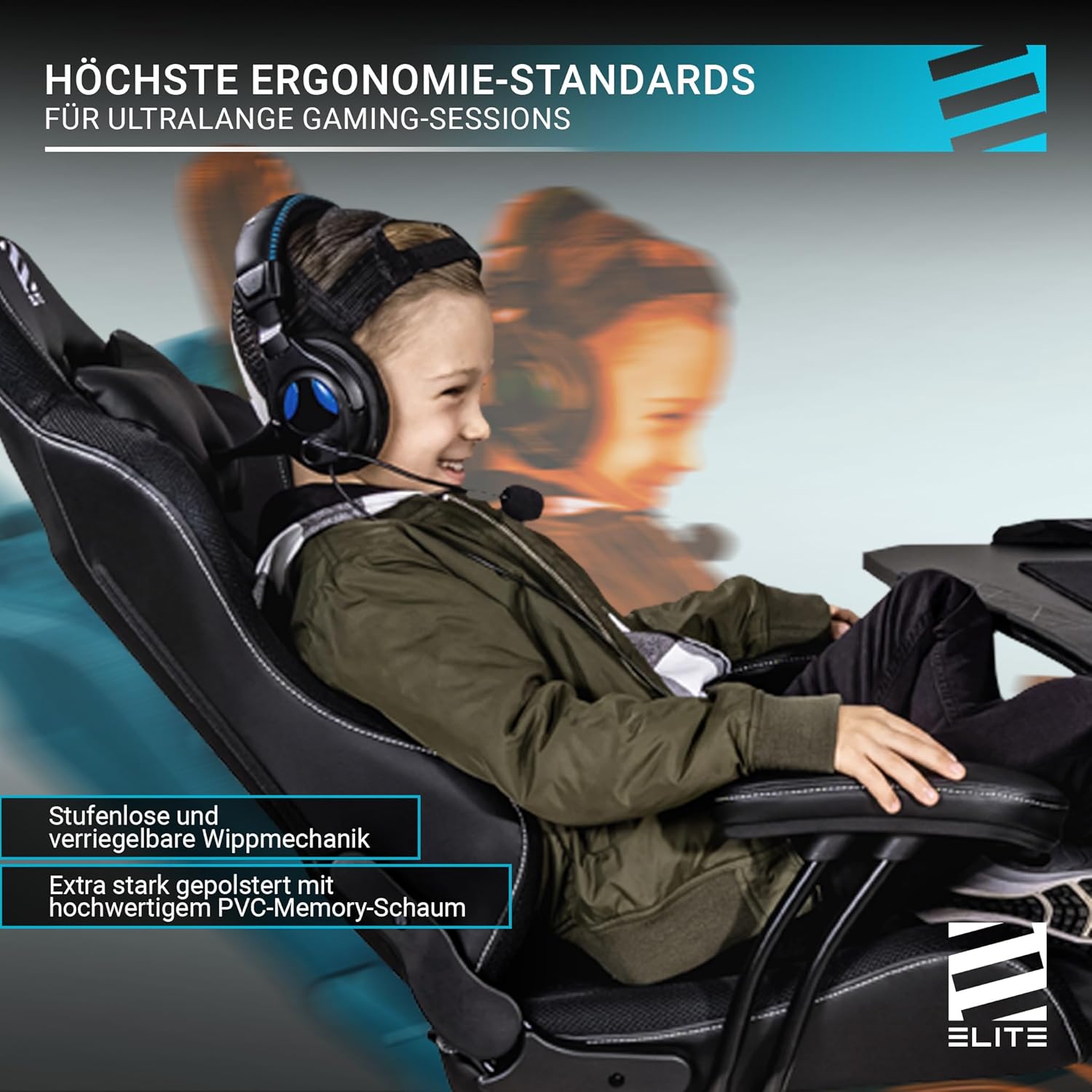 Gaming Chairs - ELITE LED Gaming Chair Pulse for Children, Ergonomic Office Chair, Desk Chair, Executive Chair, Armchair, Racing Gaming Chair, Gaming Chair, Swivel Chair, Faux Leather (Black/White RGB) – Bild 7