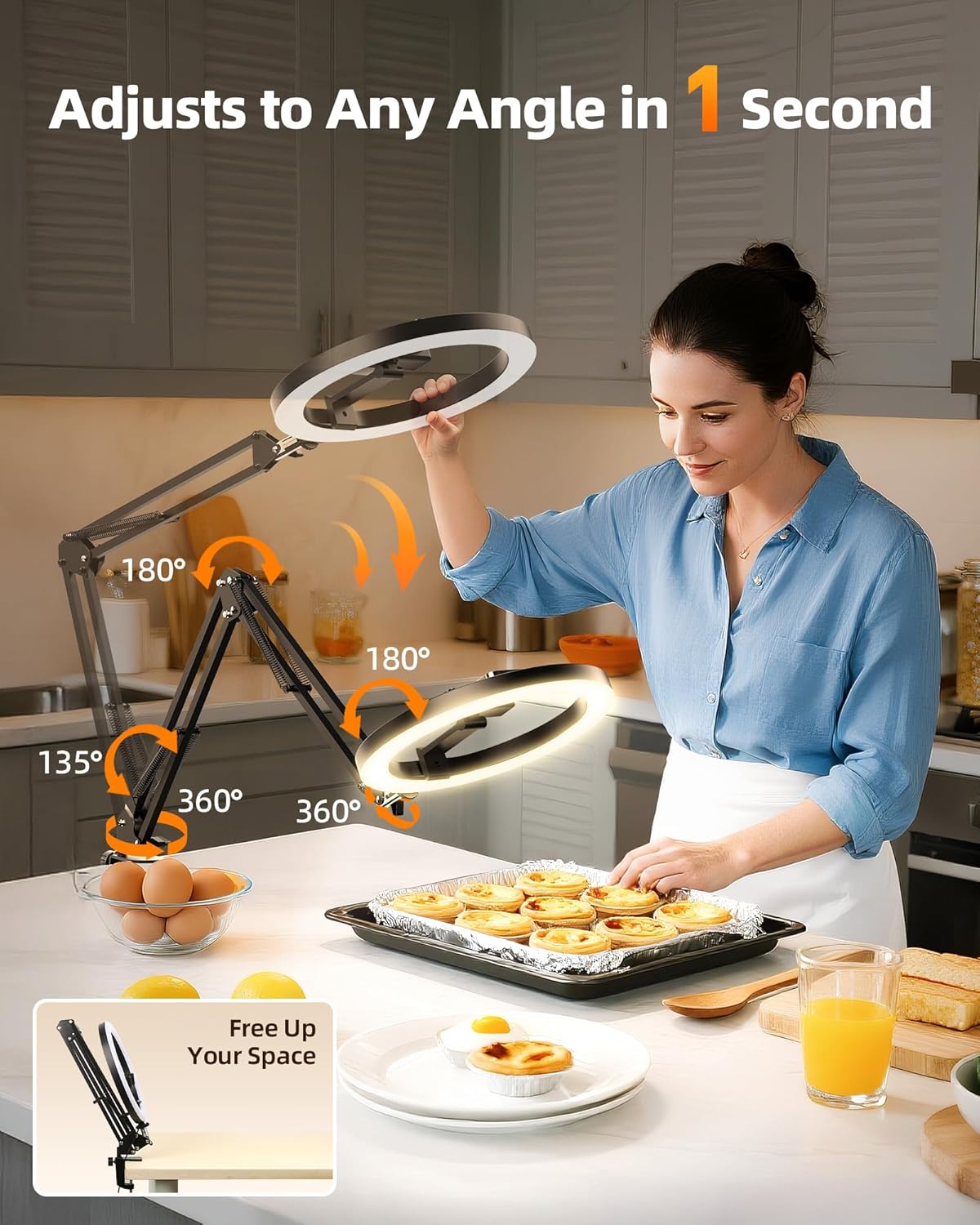 Streaming-Equipment - Overhead Tripod Mobile Phone with Ring Light for Kitchen & Food Videos - Ring Light with Tripod for Table | Ring Lights Ring Light for Kitchen, Baking, Recipe Shooting, Video Recording, Live Stream, Content Creation – Bild 3