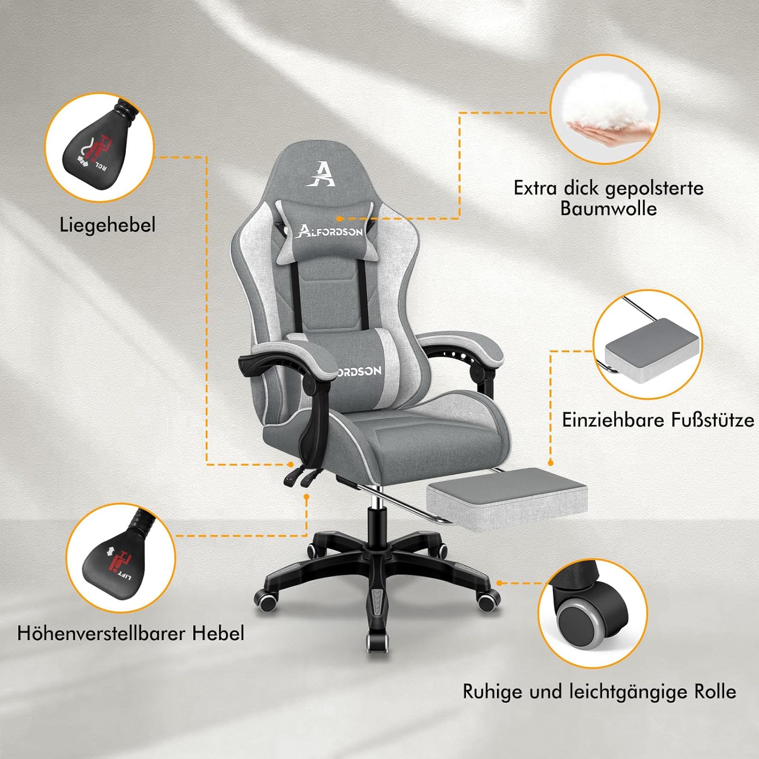 Gaming Chairs - ALFORDSON Office Chair, Gaming Chair, Massage Gaming Chair, Ergonomic Gamer Chair with Footrest, Headrest, Massage Lumbar Cushion, Padded, Swivel Chair Made of Linen Fabric, Grey – Bild 5