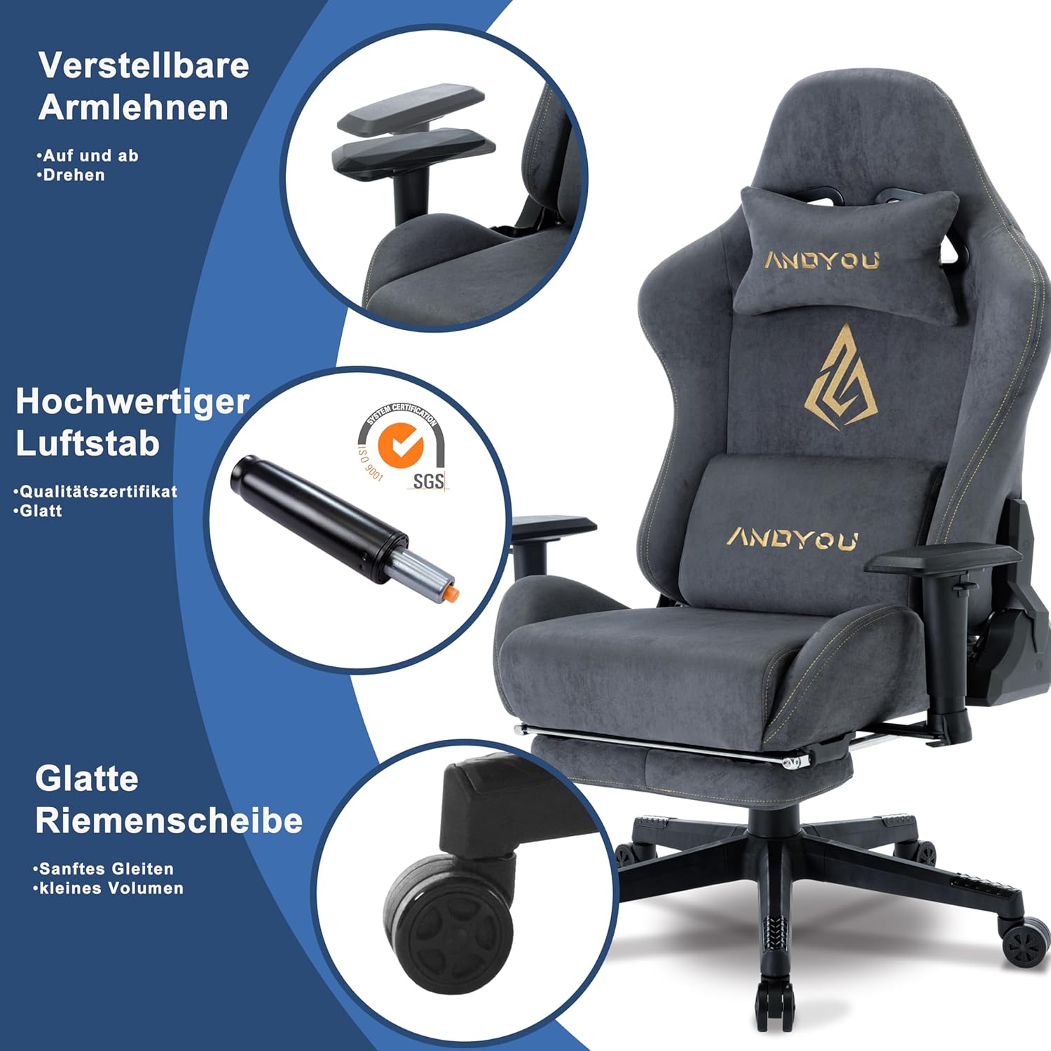 Gaming Chairs - Andyou Gaming Chair, Luxury Faux Suede Gaming Chair, Ergonomic Office Chair, Breathable Desk Chair, PC Chair with Footrest, Pillow and Armrests, 200 kg, Grey – Bild 7