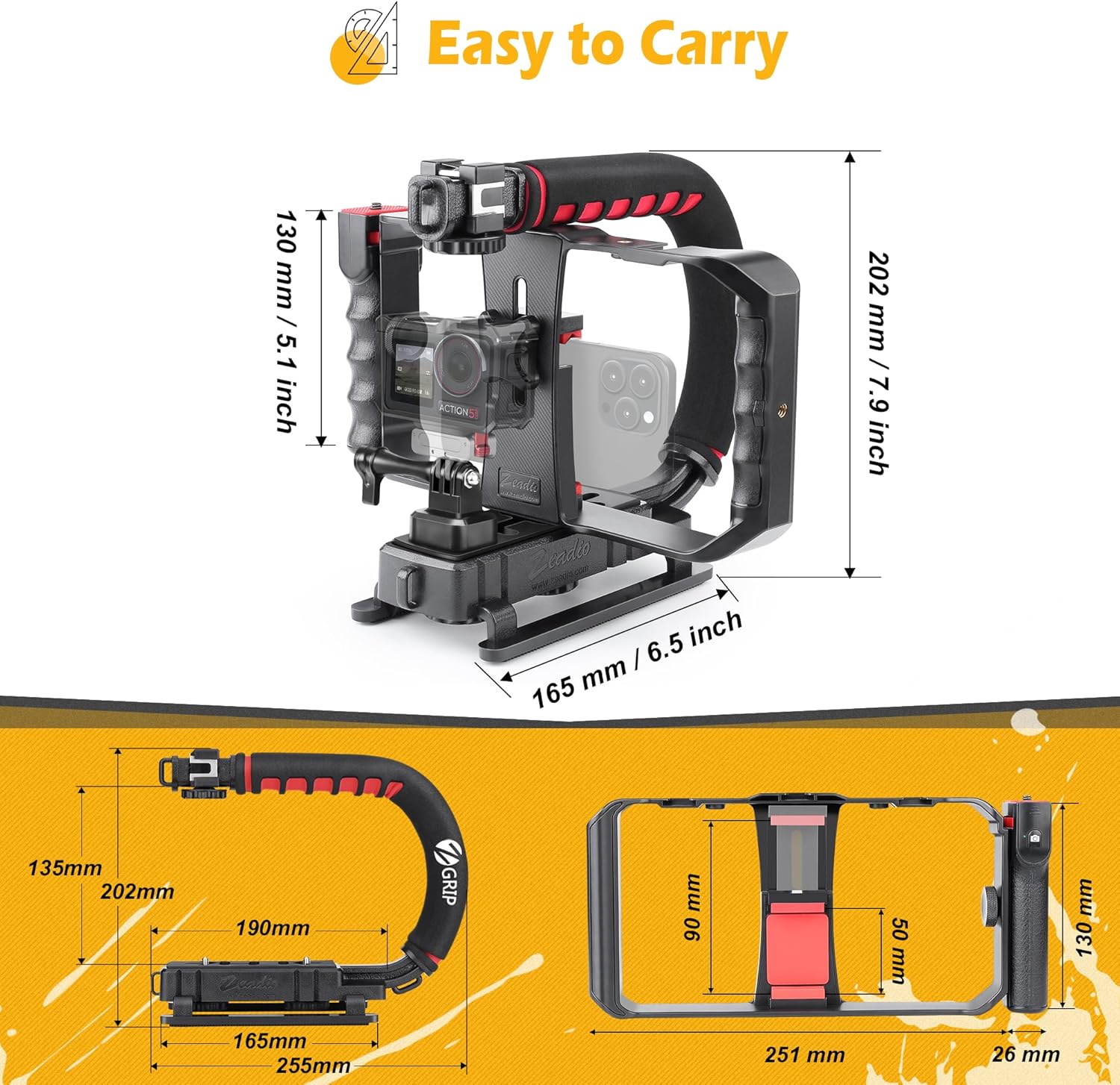 Streaming-Equipment - Zeadio Triple Hot-Shoe Mounts Video Action Stabilizing Handle Grip Handheld Stabilizer with Hot-Shoe Mount for Canon Nikon Sony Panasonic Pentax Olympus DSLR Camera Camcorder – Bild 7