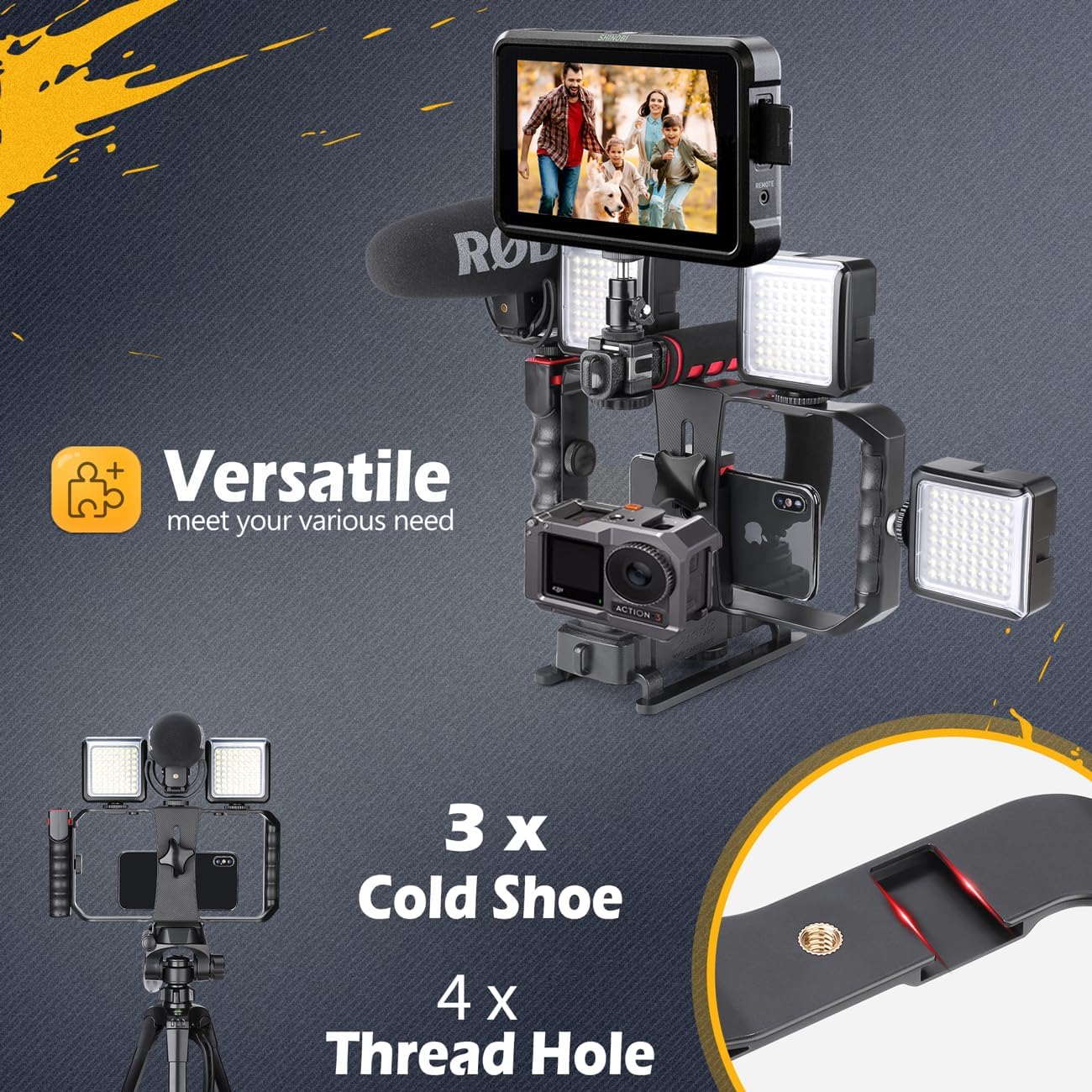 Streaming-Equipment - Zeadio Triple Hot-Shoe Mounts Video Action Stabilizing Handle Grip Handheld Stabilizer with Hot-Shoe Mount for Canon Nikon Sony Panasonic Pentax Olympus DSLR Camera Camcorder – Bild 6