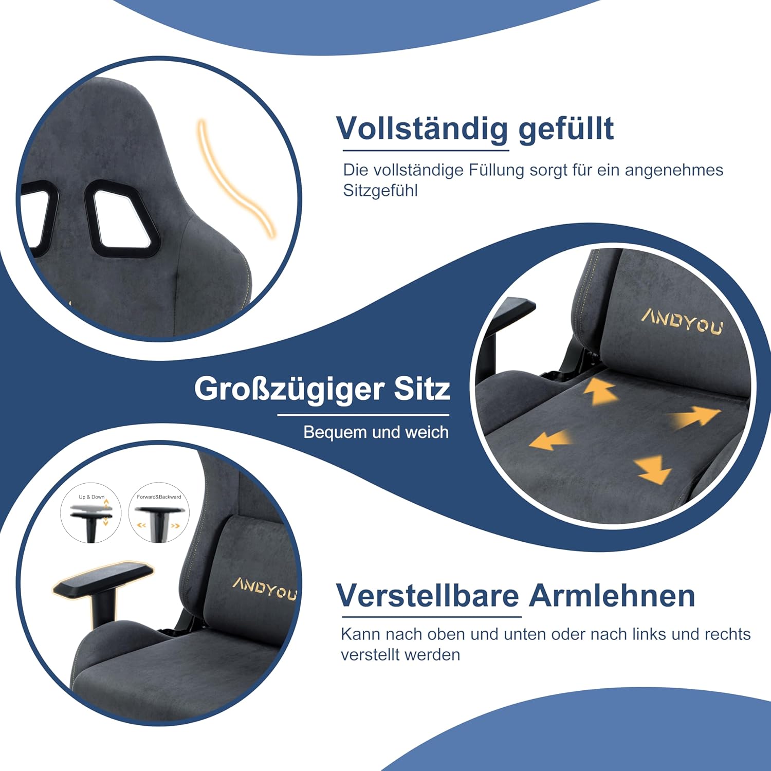 Gaming Chairs - Andyou Gaming Chair, Luxury Faux Suede Gaming Chair, Ergonomic Office Chair, Breathable Desk Chair, PC Chair with Footrest, Pillow and Armrests, 200 kg, Grey – Bild 4