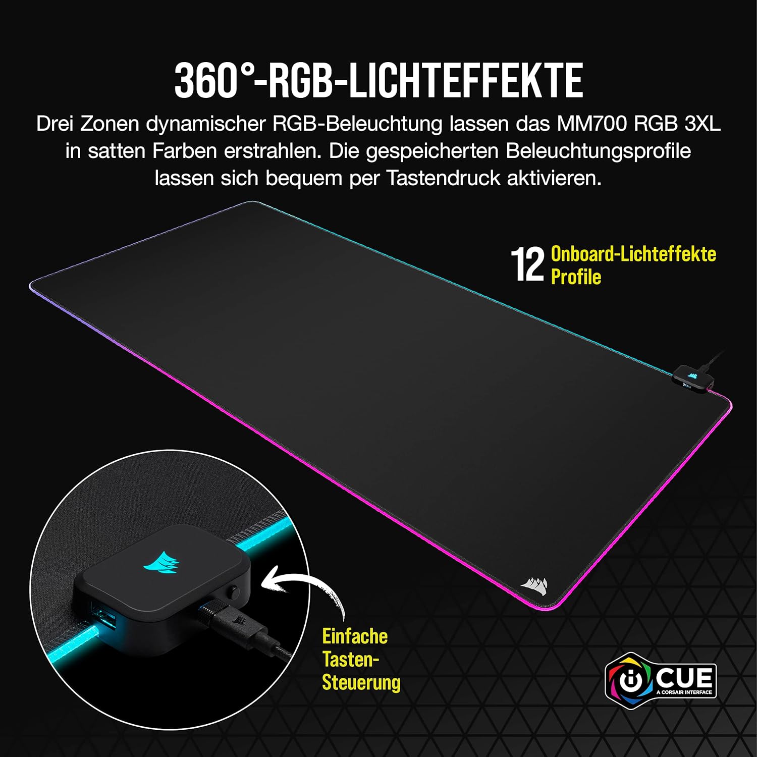 Gaming Tastatur & Maus - Corsair MM700 RGB Extended 3XL Gaming Mouse Pad with Fabric Surface - Surface of 1220 × 610 mm - 360° Three Zone RGB Lighting - USB Hub with Two Ports - Non-Slip Rubber Base - Black – Bild 3