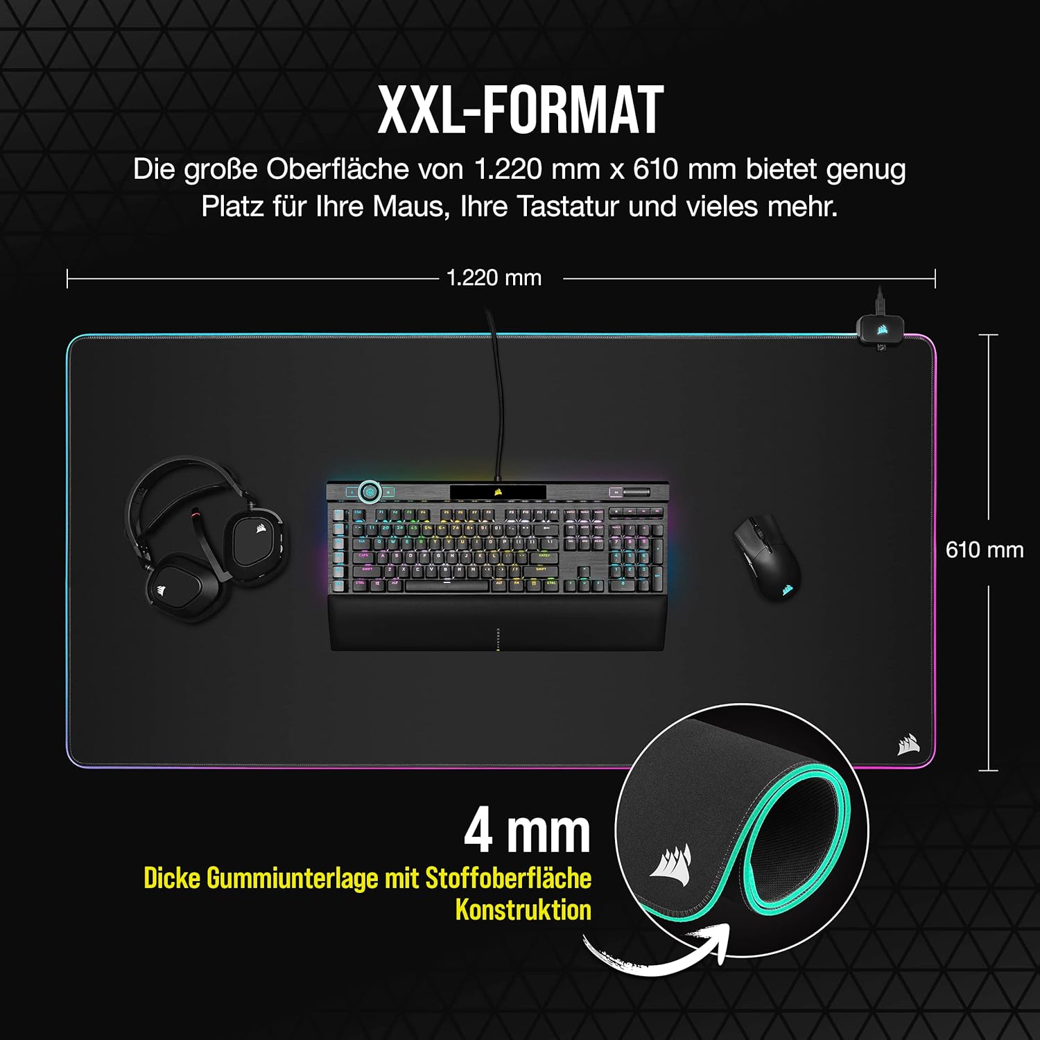Gaming Tastatur & Maus - Corsair MM700 RGB Extended 3XL Gaming Mouse Pad with Fabric Surface - Surface of 1220 × 610 mm - 360° Three Zone RGB Lighting - USB Hub with Two Ports - Non-Slip Rubber Base - Black – Bild 4