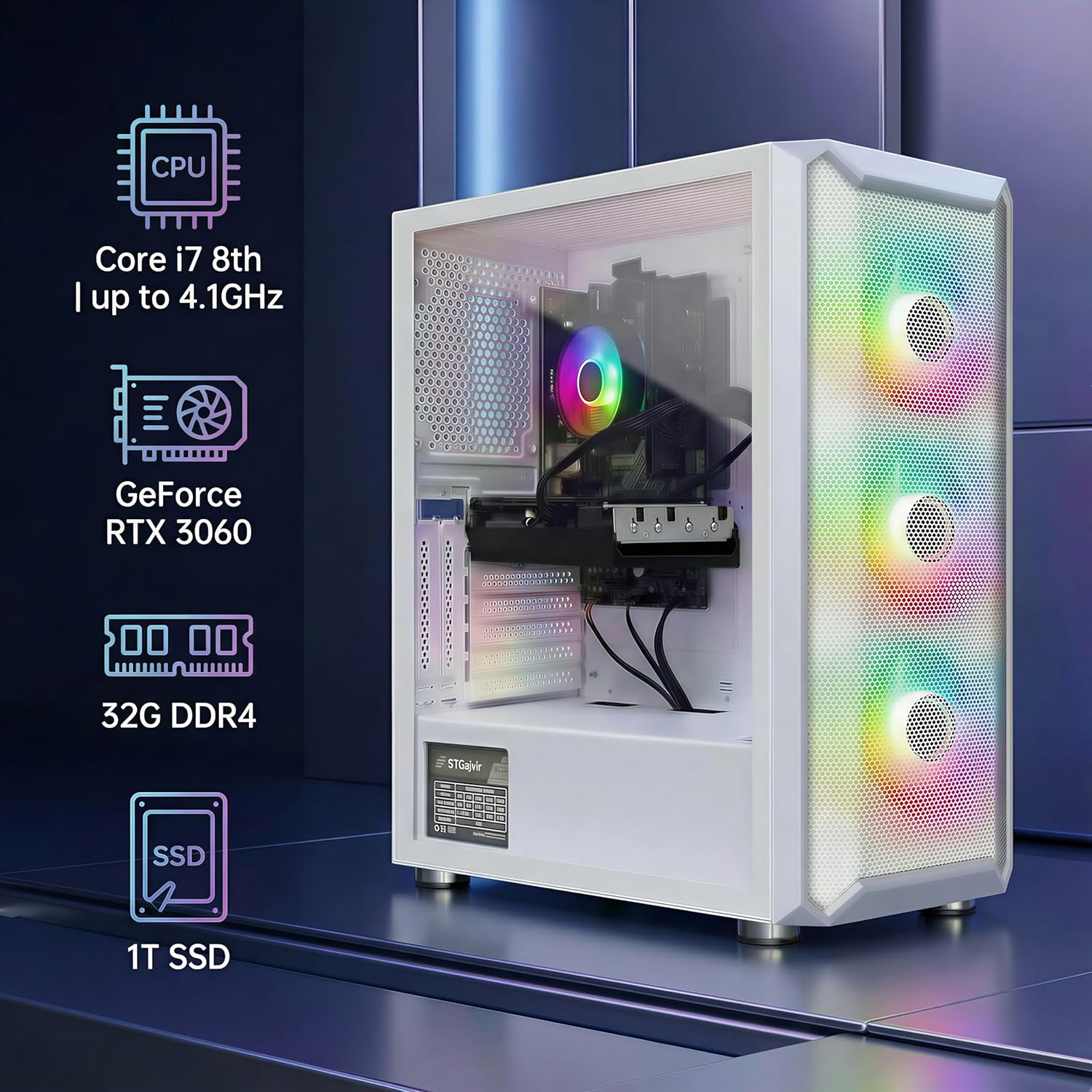 Gaming PC & Laptops - STGsivir Gaming PC, RTX 3060 12GB, Core i7-10700KF up to 5.1GHz, 16GB DDR4, 1TB SSD, WiFi 600M, BT 5.0, RGB Fan x 7, W11H64, Gamer PC Computer Desktop Calculator – Bild 2