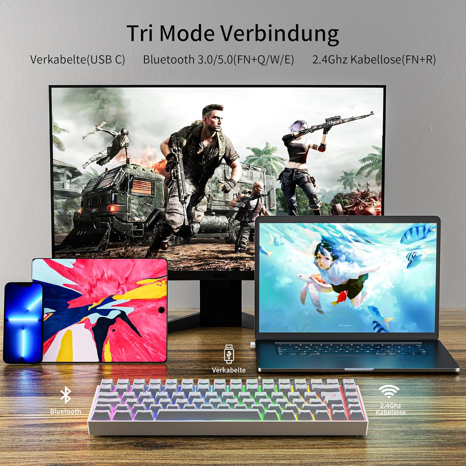 Gaming Tastatur & Maus - Newmen GM840 Mechanical Gaming Keyboard, 2.4G Wireless/Bluetooth/USB C with Cable, 75% TKL Keyboard, 84 Keys RGB Lighting, Hot Swap Mini Keyboards for PC/Win/Mac, QWERTZ Layout, Brown Switch – Bild 3